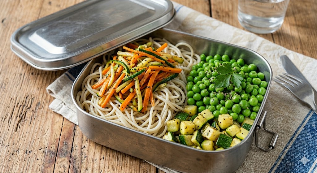 Spaghetti di mung, verdure del giorno e pisellini
