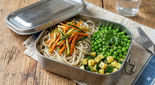 Spaghetti di mung, verdure del giorno e pisellini