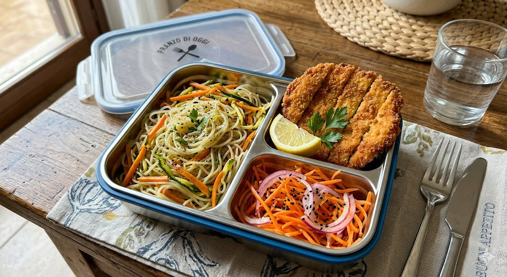 Spaghetti mung, insalata di carote e cipolle Tropea, cotoletta alla milanese