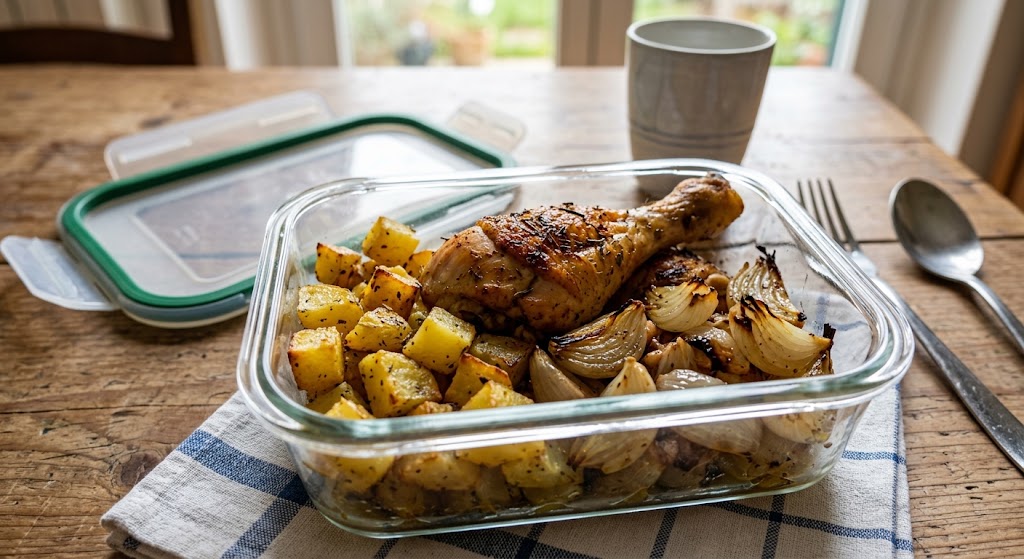 Patate al forno, verdure del giorno e coscette di pollo