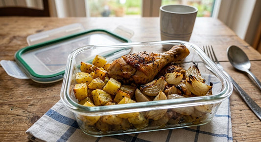 Patate al forno, verdure del giorno e coscette di pollo