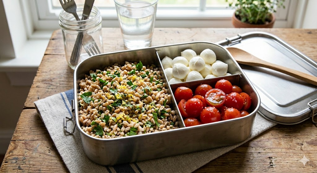 Farro con scorza di limone e prezzemolo, verdure del giorno e mozzarella