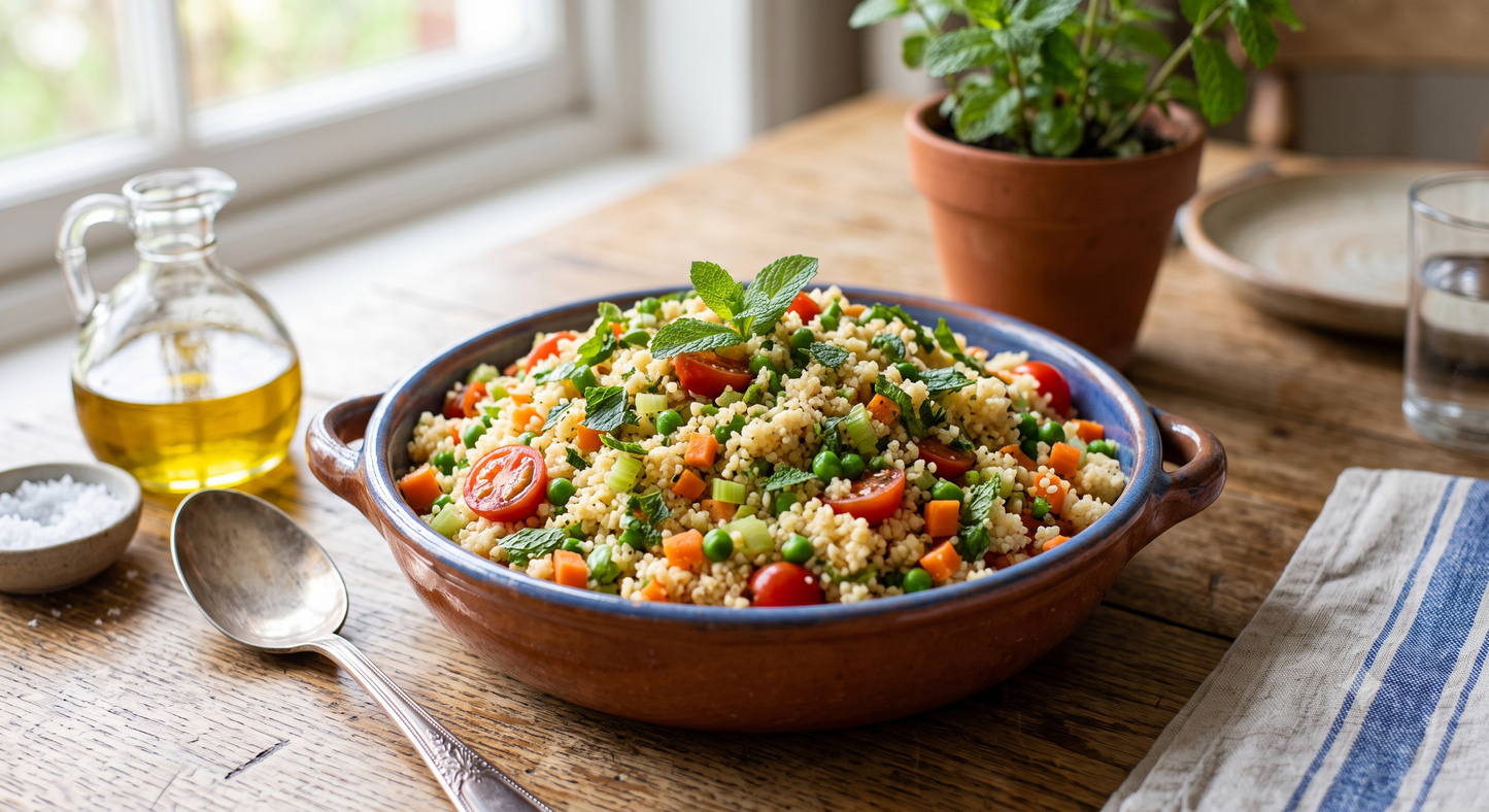 Cous cous con pomodori, carotine, sedano, piselli e menta