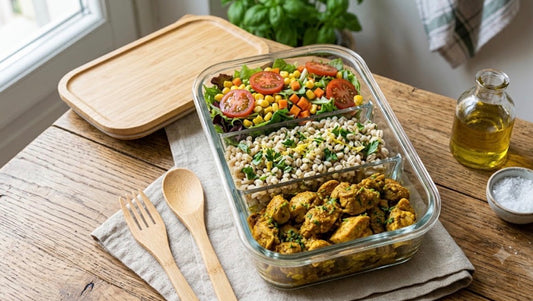 Orzo prezzemolo e limone, verdure del giorno e pollo al curry con scorza di lime e menta