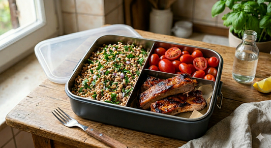 Farro con limone e prezzemolo, verdure al giorno e ribs di maiale