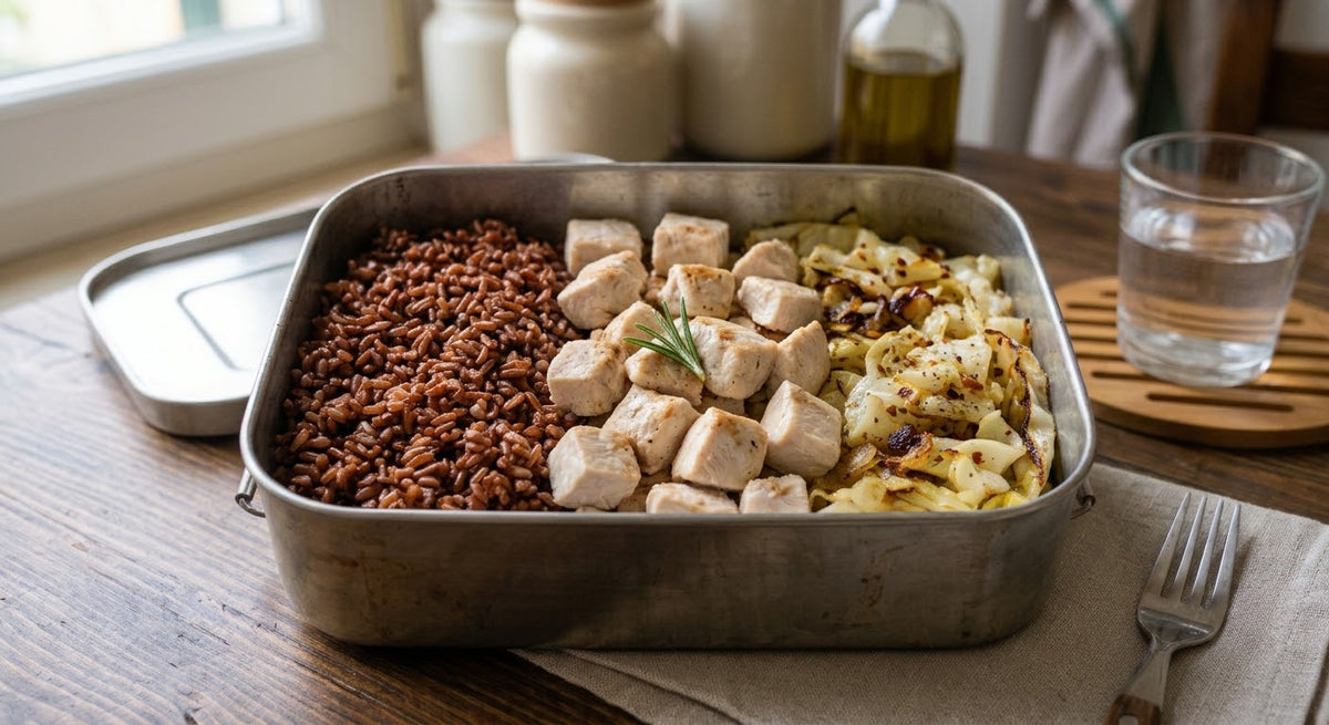 Riso ermes, verdure del giorno e pollo cotto a bassa temperatura
