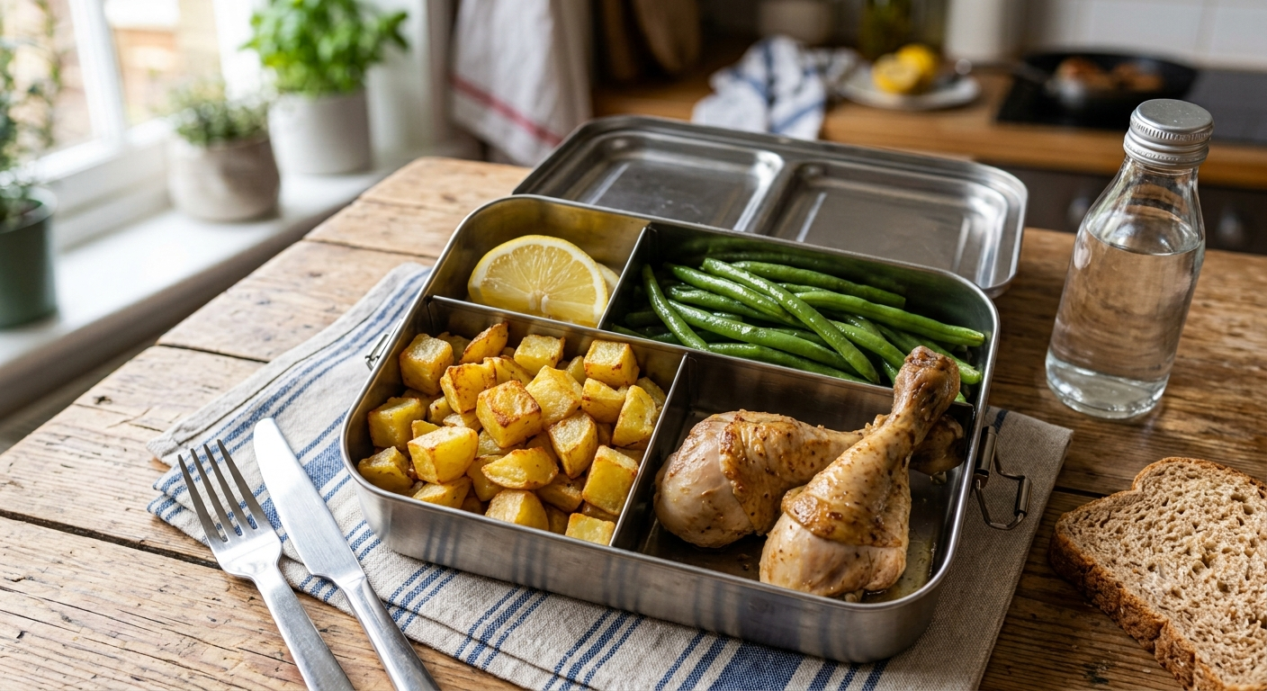 Patate al forno, verdure giorno e coscette di pollo