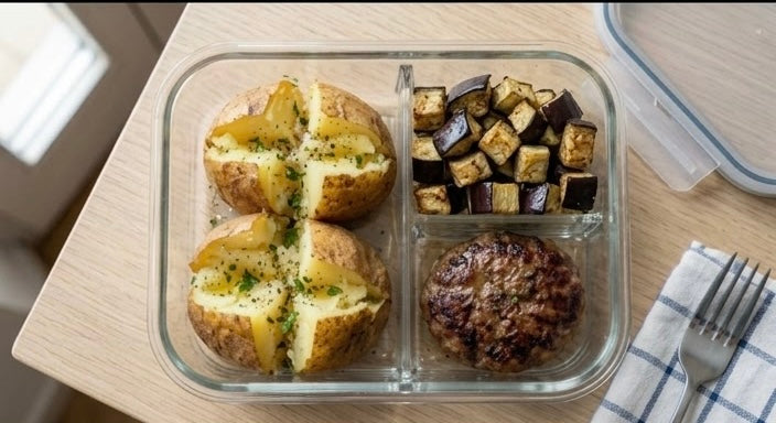 Jacket potatoes, verdura del giorno e hamburger di manzo