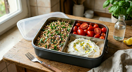 Farro con limone e prezzemolo, verdure del giorno e ricotta mantecata