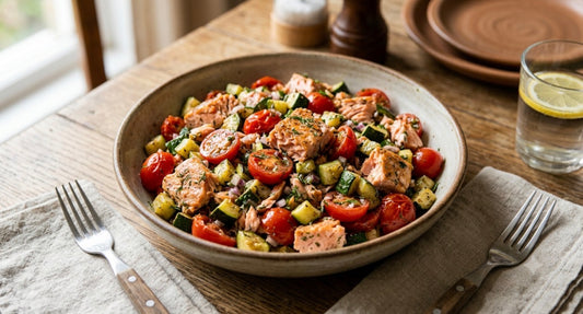 Insalata di salmone, zucchine e pomodori