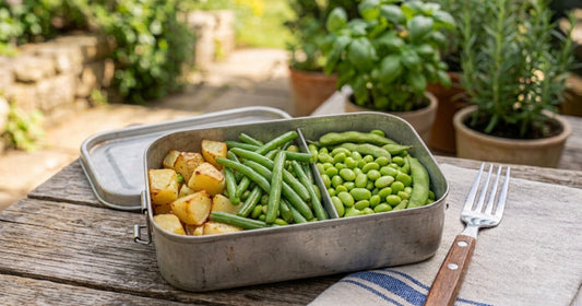 Patate al forno, fagiolini e edamame salatati in padella