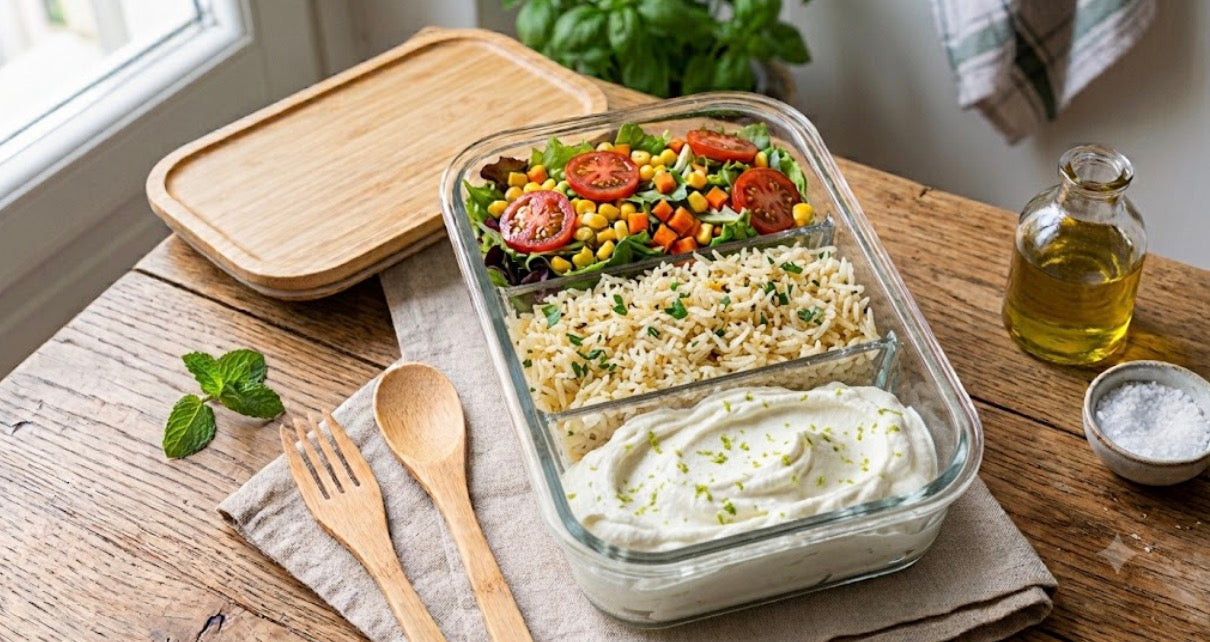 Riso aromatizzato, verdure del giorno e ricotta mantecata