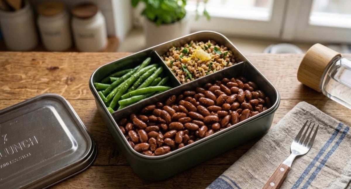 Farro al prezzemolo e limone, verdure del giorno e fagioli in padella