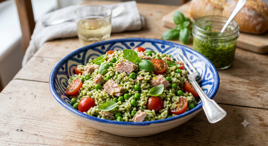 Insalata di riso con pesto, tonno, piselli e pomodori