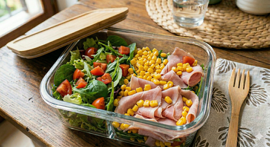 Insalata verde con pomodori, mais e fettine di prosciutto cotto