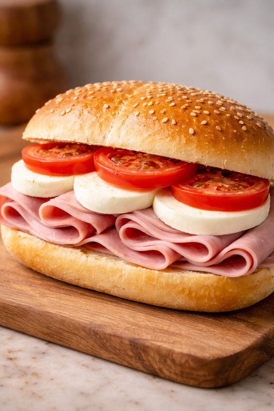 Panino mozzarella prosciutto e pomodoro