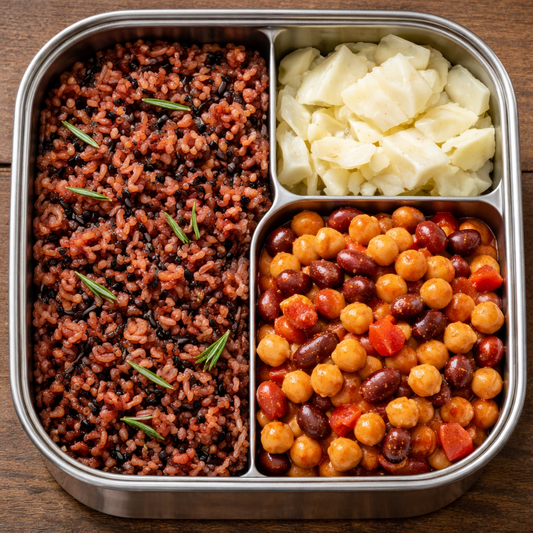 Mix di riso integrale con rosmarino, verdure del giorno e mix del fagioli e ceci alla paprika dolce