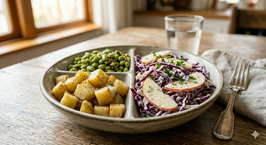 Patate al forno, insalta di cavolo rosso, mayo e mele e edamame salatati in padella