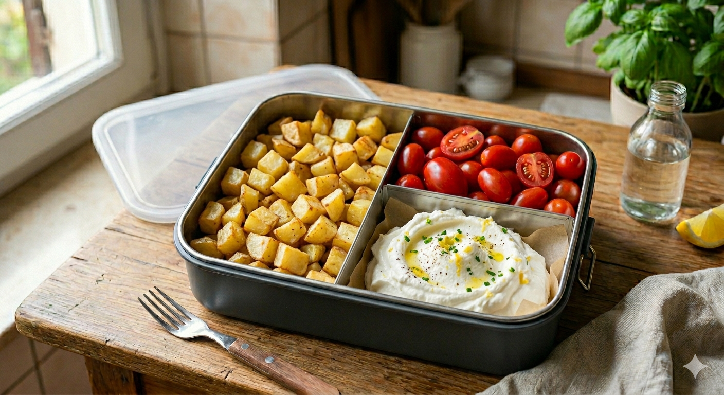 Patate al forno, verdure del giorno e ricotta mantecata