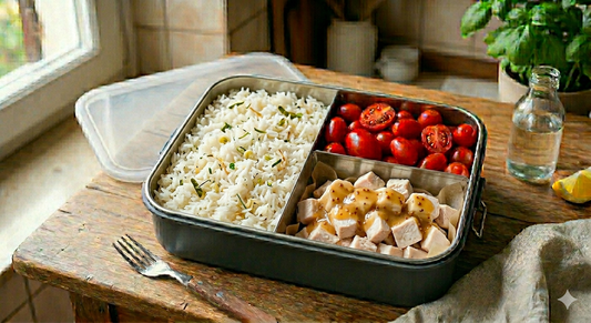 Riso aromatizzato, verdure del giorno e pollo honey mustard