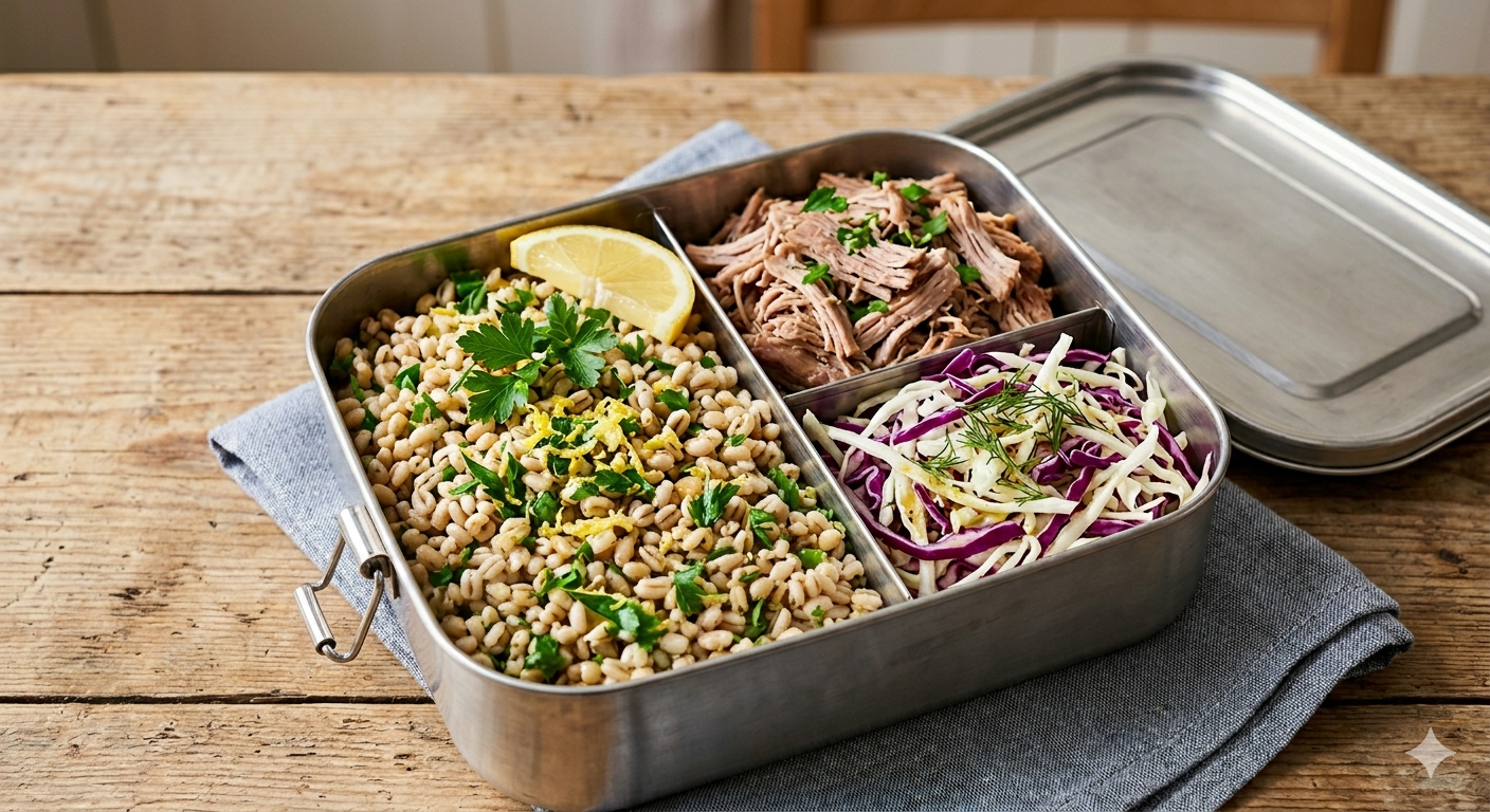Orzo al prezzemolo e limone, verdure del giorno e pulled pork