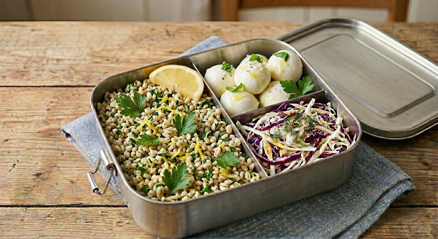 Orzo al prezzemolo e limone, verdure del giorno e mozzarella