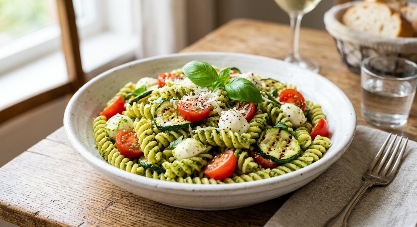 Insalata di pasta con pesto mozzarella pomodori e zucchine