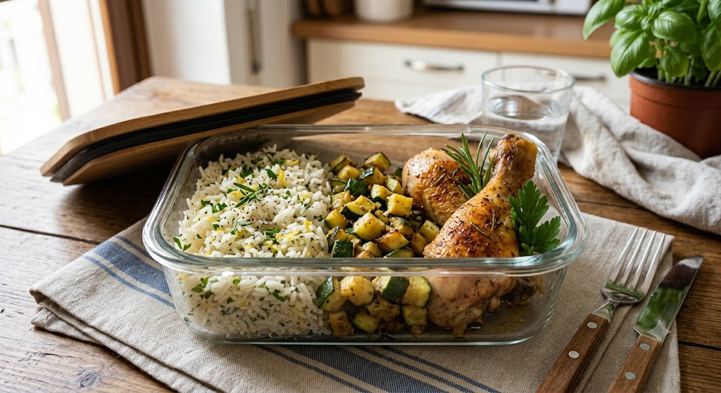 Riso aromatizzato, verdure del giorno e coscette di pollo