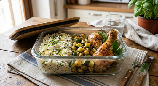 Riso aromatizzato, verdure del giorno e coscette di pollo