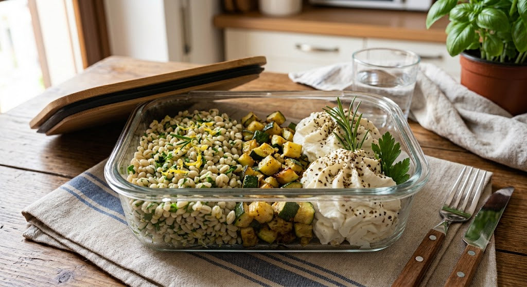 Orzo aromatizzato, verdure del giorno e ricotta mantecata