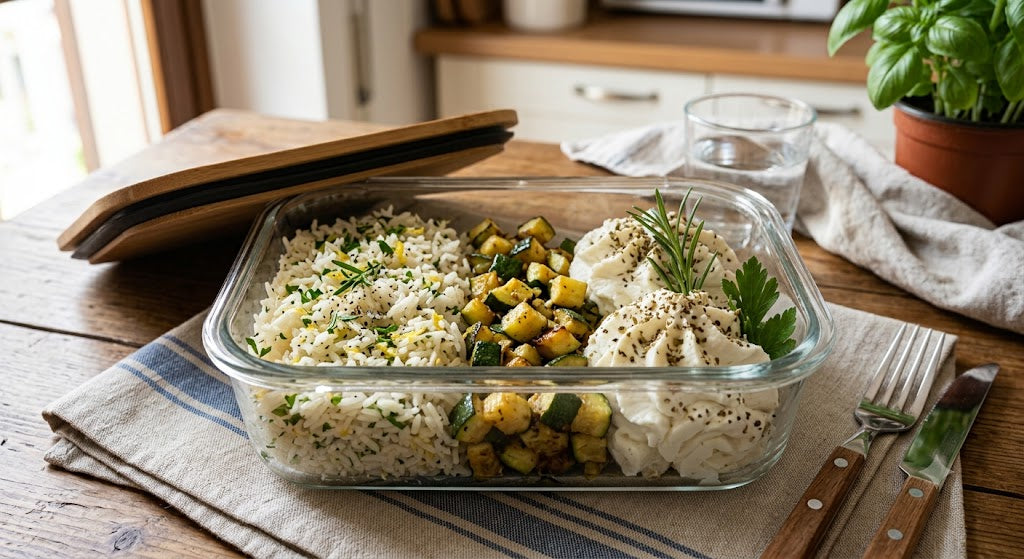 Riso aromatizzato, verdure del giorno e ricotta mantecata