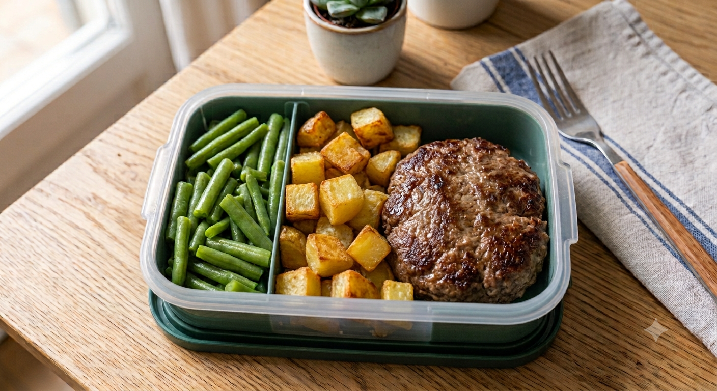 Patate al forno, verdure del giorno e hamburger