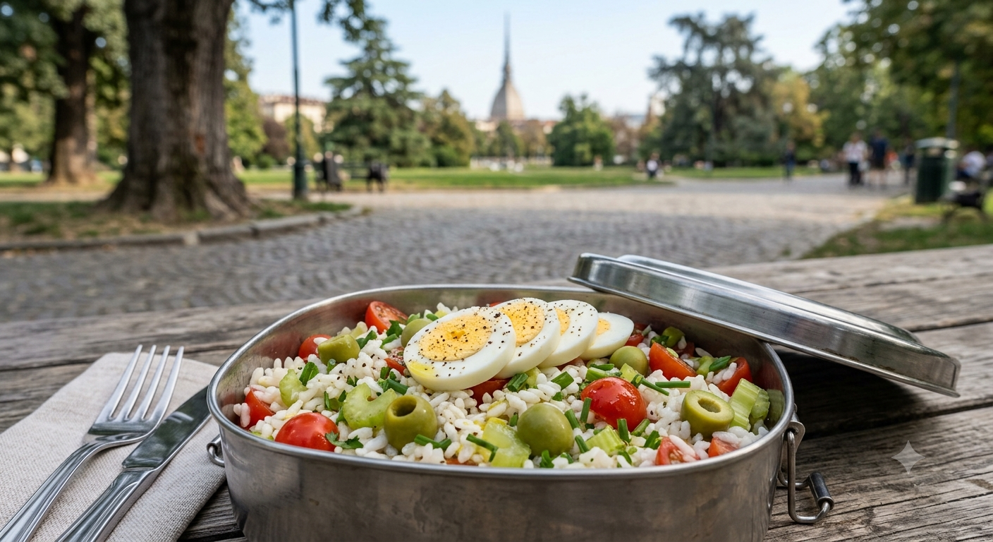 Insalata di riso con uova sode, olive, sedano, pomodori ed erba cipollina