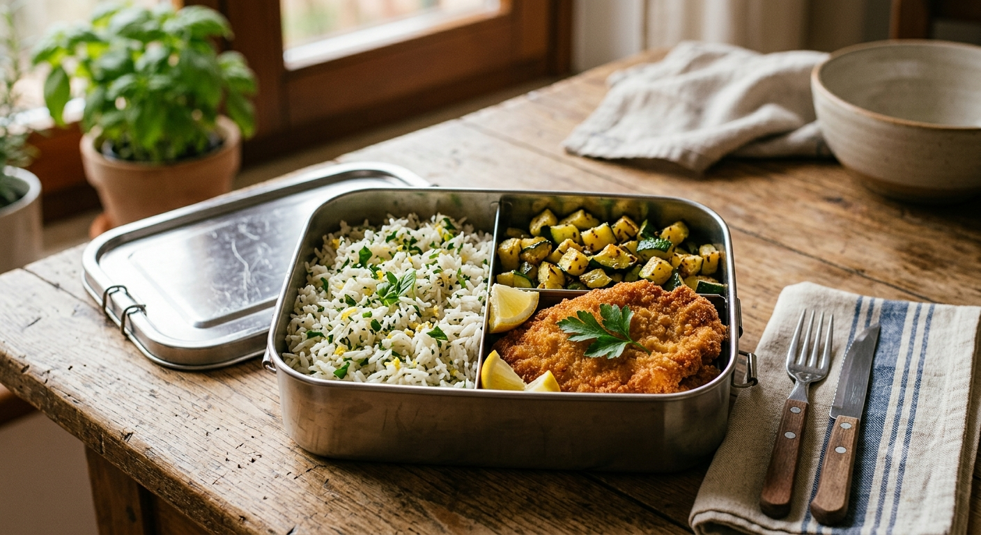 Riso aromatizzato, verdure del giorno e cotoletta