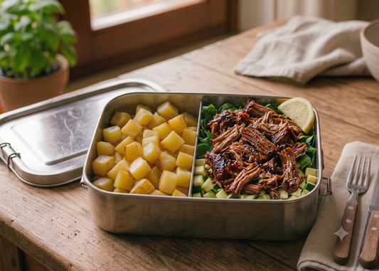 Schiscetta con patate al forno, verdure del giorno e pulled pork