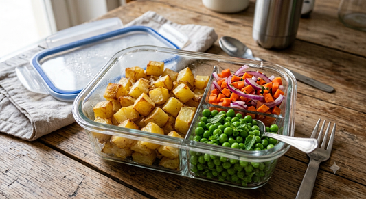 Patate, verdure del giorno e piselli.