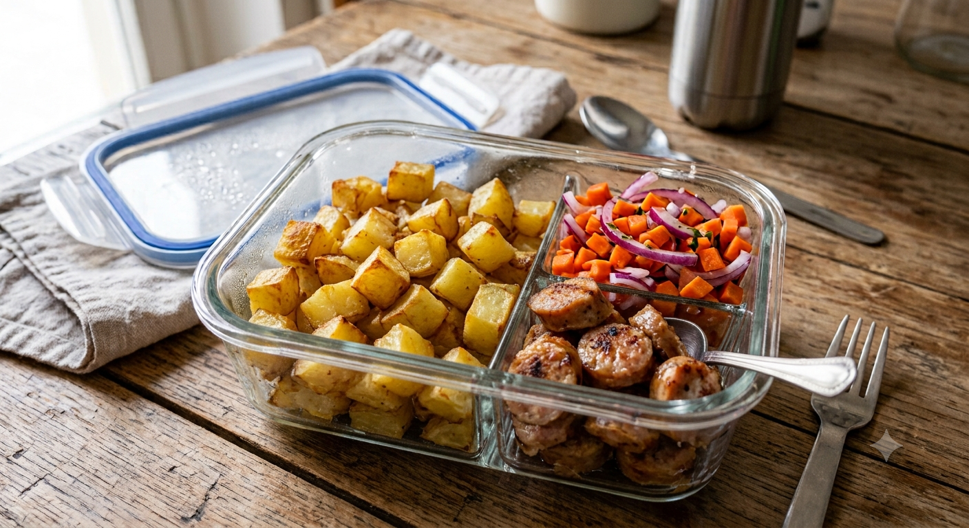 Patate al forno, verdure del giorno e salamella