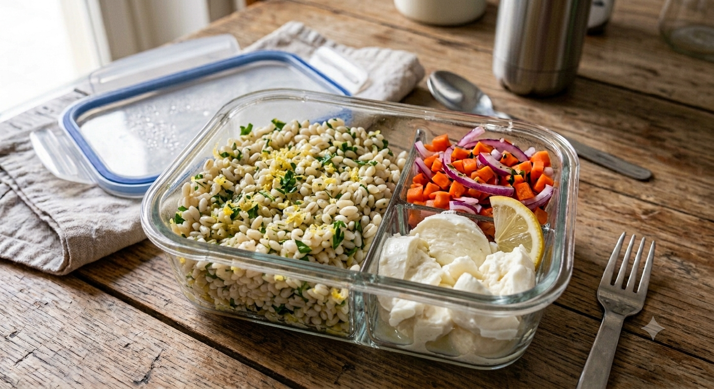 Orzo prezzemolo e limone, verdure del giorno e mozzarella