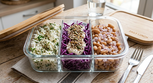 Riso aromatizzato, verdure del giorno e insalata di fagioli