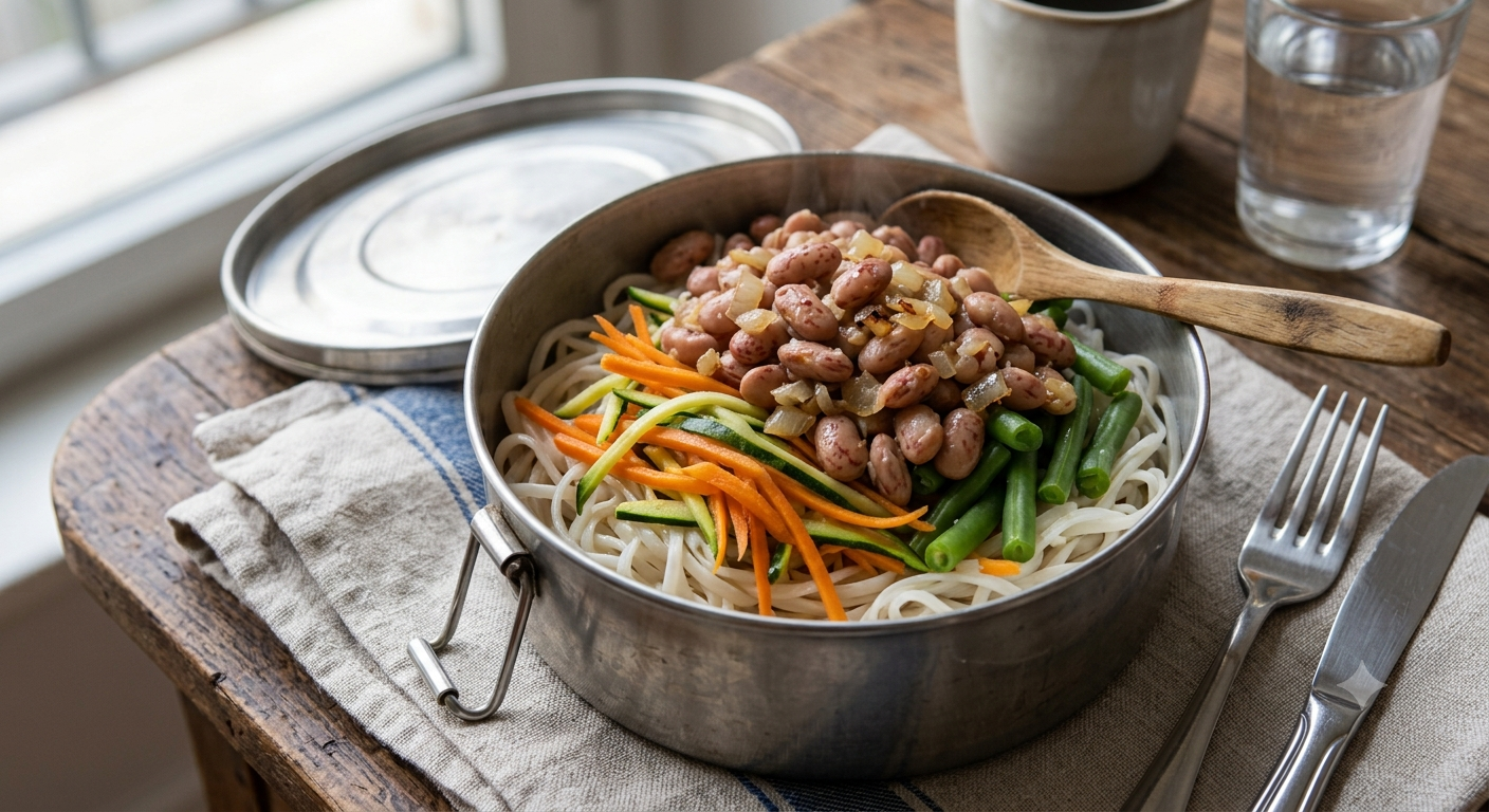 Spaghetti di riso, verdure del giorno e fagioli in insalata