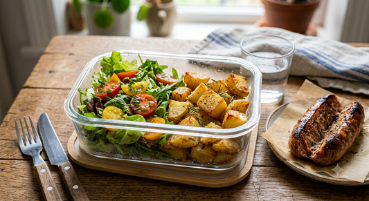 Patate al forno, verdure del giorno e salamella