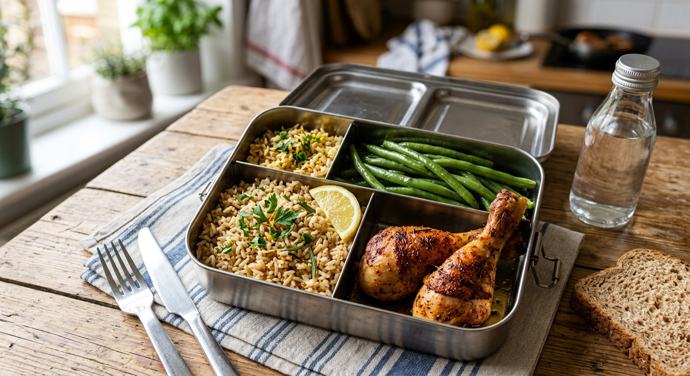 Riso aromatizzato, verdure del giorno e coscette di pollo