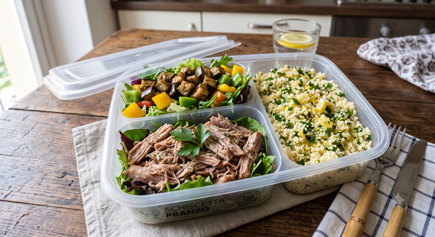 Cous cous prezzemolo e limone, verdure del giorno e pulled pork
