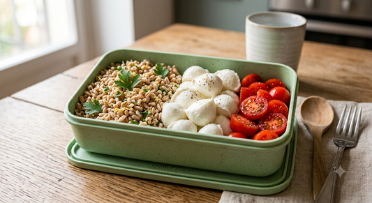 Farro con scorza di limone e prezzemolo, verdure del giorno e mozzarella