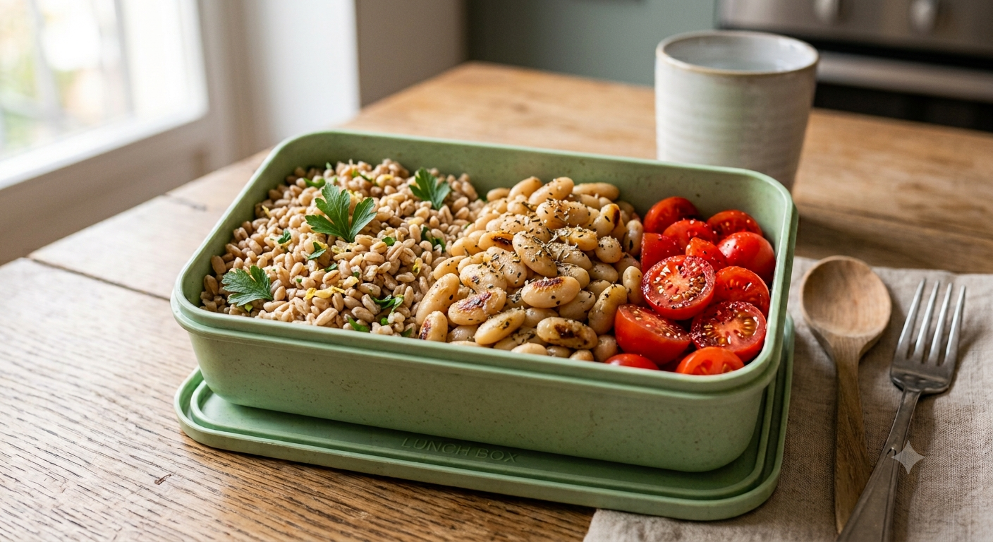 Farro al prezzemolo e limone, verdure del giorno e fagioli in padella