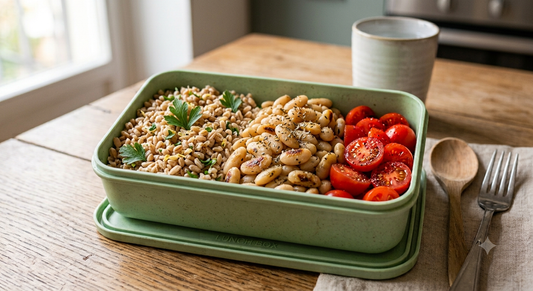 Farro al prezzemolo e limone, verdure del giorno e fagioli in padella