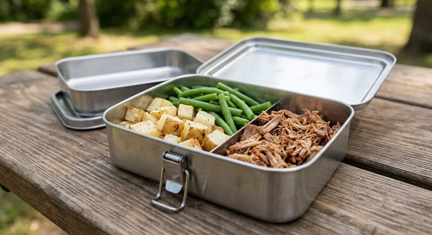 Schiscetta con patate al forno, verdure del giorno e pulled pork