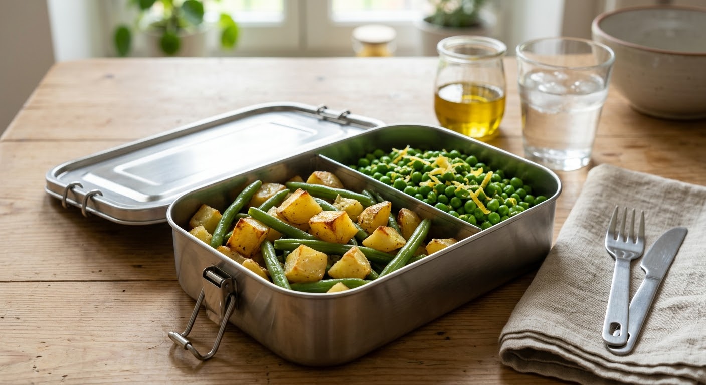 Patate, verdure del giorno e piselli.