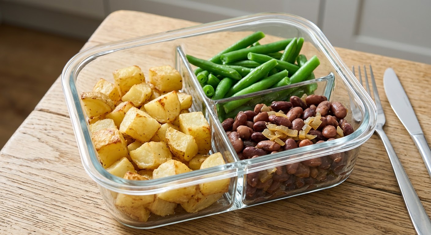 Patate al forno, verdure del giorno e fagioli