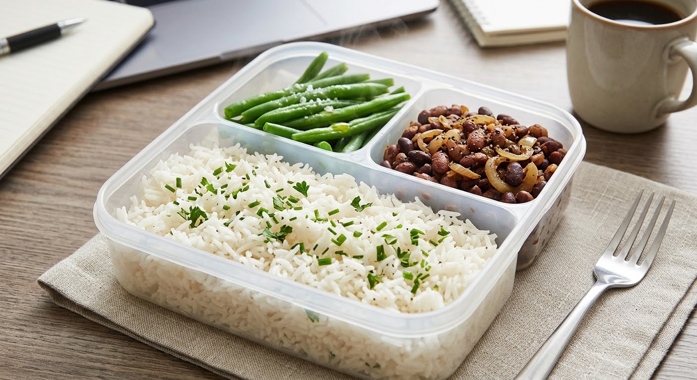 Riso aromatizzato, verdure del giorno e fagioli saltati in padella